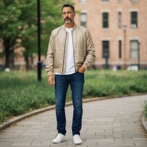 EUC Vintage Summa 100% Silk Bomber Jacket Tan Size Large Lightweight Zip Front